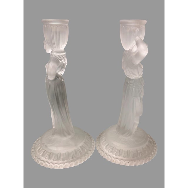 Mid 20th Century Pair Vintage Fostoria Satin Glass Figural Rebecca at the Well 10" Candlesticks For Sale - Image 5 of 8