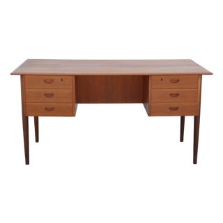 Mid Century Modern Danish Executive Teak 6 Drawer Desk With Built in Bookcase For Sale