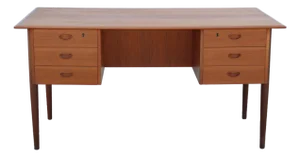Mid Century Modern Danish Executive Teak 6 Drawer Desk With Built in Bookcase