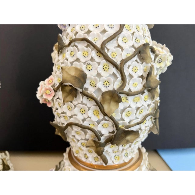 1950s Applied Floral Porcelain Tree of Life Lamps, Pair For Sale - Image 14 of 18