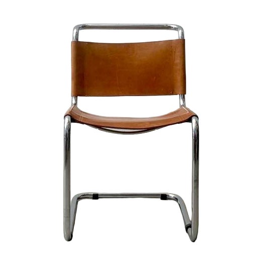 Cantilever Chair with Cognac Leather Covering For Sale