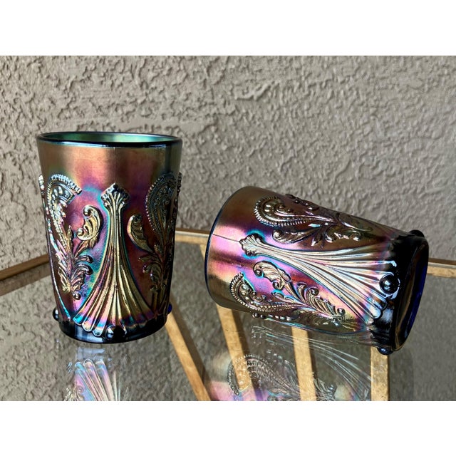 Circa 1969 St. Clair Glass Inverted Fan & Feather Carnival Reproduction Iridescent Glass Tumblers – A Pair For Sale - Image 10 of 18