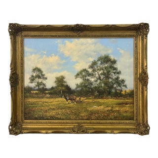 Oil Painting of Horses & Farmer in the English Countryside by British Artist 1985 Circa For Sale