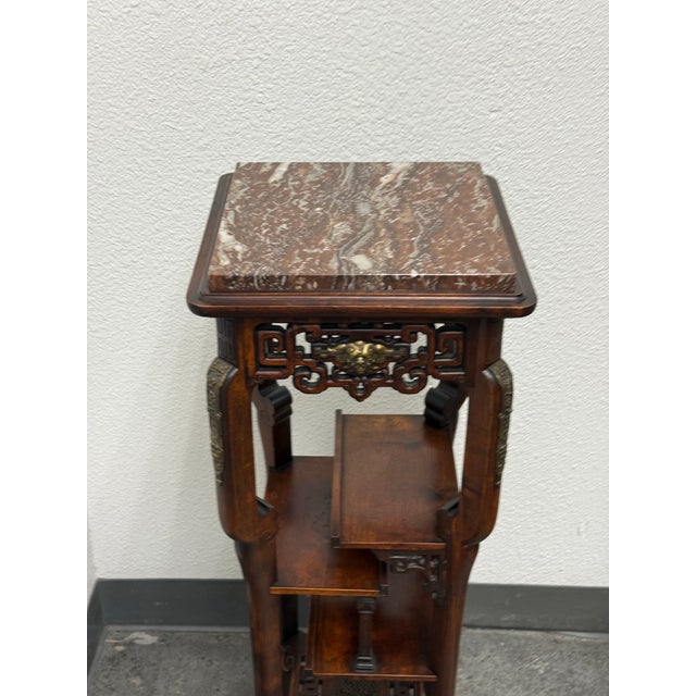 Chinoiserie Carved Wood Tiered Marble Top Stand, Vintage For Sale - Image 9 of 12
