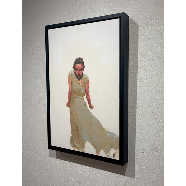 Early 21st Century Watcher by Michael Carson | Oil on Panel Figure of a woman in a dress sitting with an intense expression. For Sale - Image 5 of 5