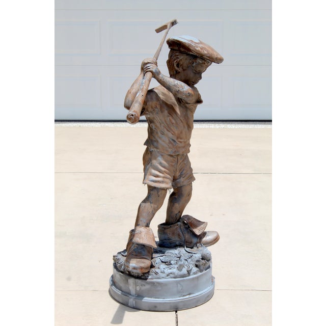 Davidson Vintage Life-Size Boy Golfer Garden Statue – Faux Bronze Resin Sculpture by Jim Davidson, Signed Mold Marking, Circa 1980s–1990s For Sale - Image 4 of 15