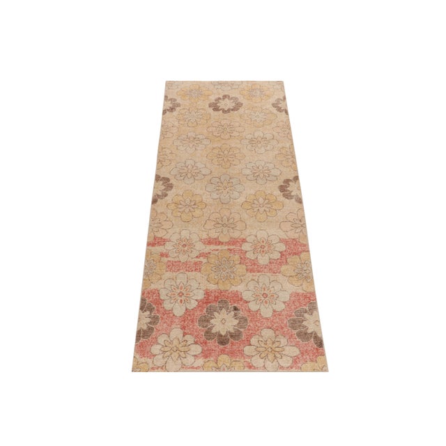 Mid-Century Modern Distressed 1960s Style Rug in Beige, Red & Blue Floral Patterns by Rug & Kilim For Sale - Image 3 of 5