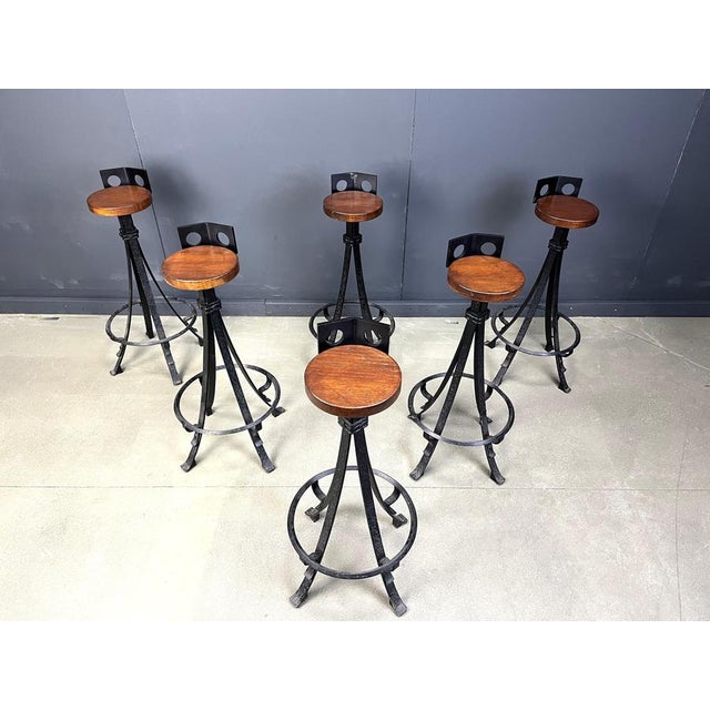 1970s Vintage Brutalist Wrought Iron Bar Stools, 1970s, Set of 6 For Sale - Image 5 of 17