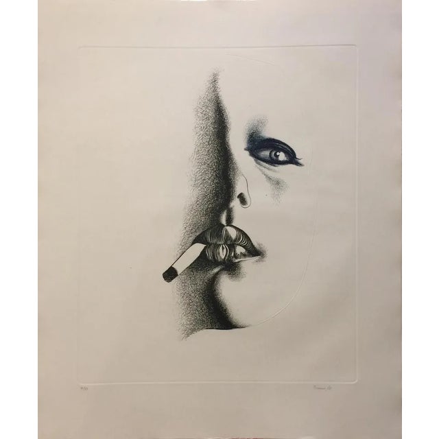 Giacomo Porzano, Smoker in White, Etching, 1972 For Sale