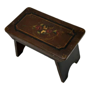 Antique Hand Made American Victorian Folk Art Wood Fireside Footstool With Hand Oil Painted Flowers & Features