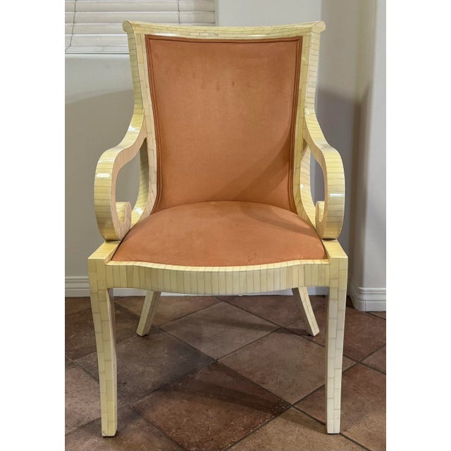 Vintage Tesselated Bone Lounge Arm Chair Attributed to Enrique Garcel. This rare piece features Suede Upholstery and...