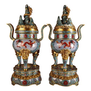 Pair of Large Cloisonné Enamel Gilt Bronze Dragon Boshan Censers For Sale