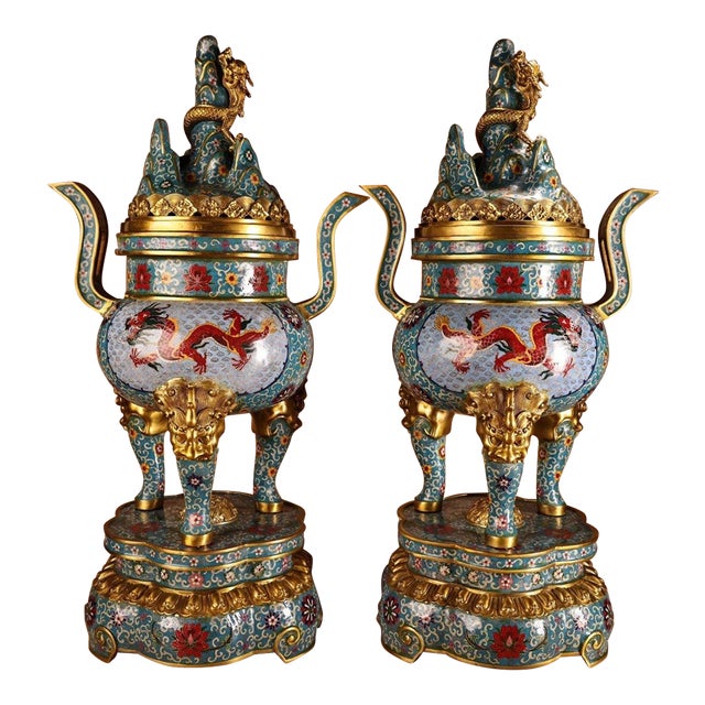 Pair of Large Cloisonné Enamel Gilt Bronze Dragon Boshan Censers For Sale