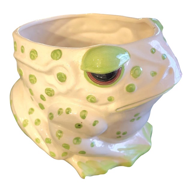Vintage Huge Palm Beach Regency Whimsical Green White Spotted Frog Ceramic Planter Cache Pot For Sale