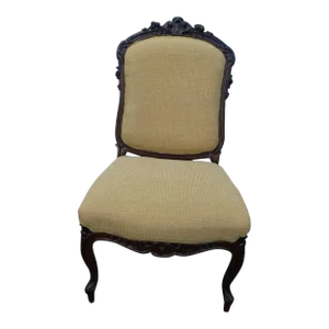 Late 19th Century French Victorian Carved Rosewood Side End Chair with New Beige Upholstery