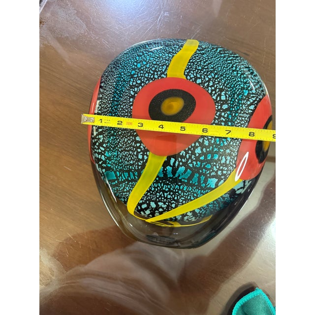 Allain Guillot French Studio Art Glass Vase, Turquoise Foil With Red Murrine and Yellow Bands, Signed m.06-50 For Sale - Image 9 of 11