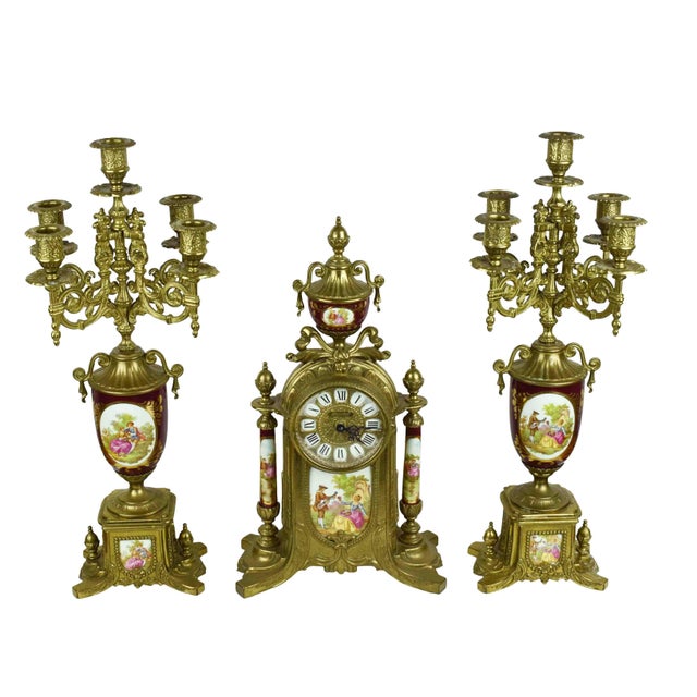 Mid 20th Century Imperial Gilt Brass Frame With Porcelain Plaques Mantle Clock & Five-Light Candelabra Set - 3 Pieces Italy For Sale - Image 17 of 17