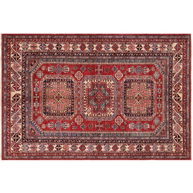 Beige Shabby Chic Tribal Super Kazak Red/Beige Wool Rug - 4'9'' X 6'5'' For Sale - Image 8 of 10