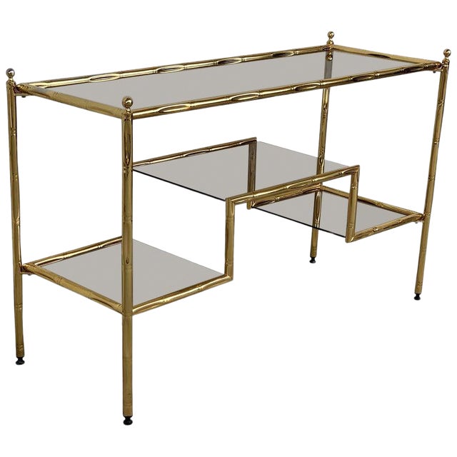Mid-Century Modern Italian Faux Bamboo Gilt Metal Console With Smoked Glass For Sale