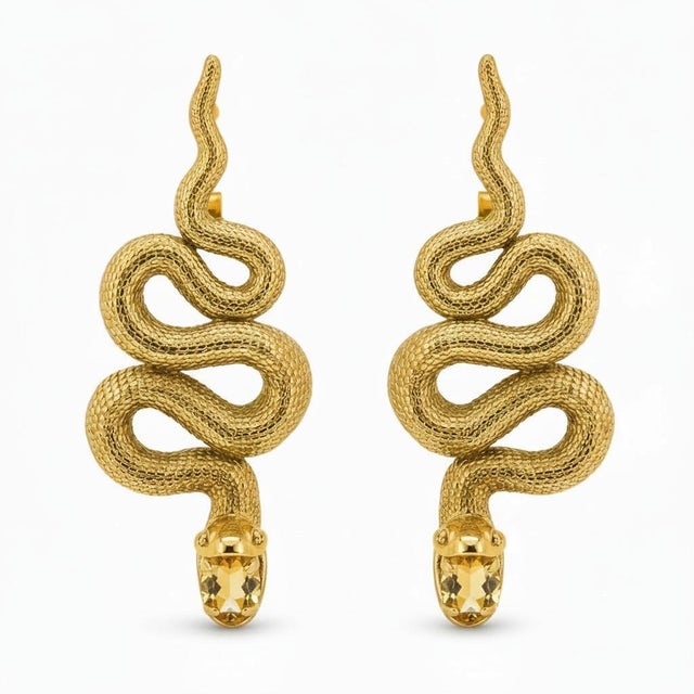 Massive Snake Earrings With Citrines in Opened Mouth, Pair For Sale - Image 6 of 9