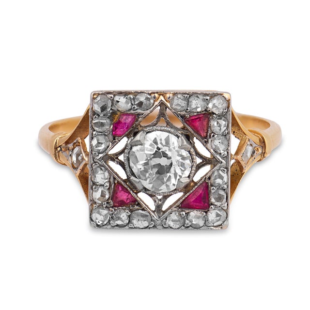 Victorian 19th Century Victorian Old European Cut Diamond Ruby 18k Yellow Gold Platinum Ring, Size 8.5 For Sale - Image 3 of 6