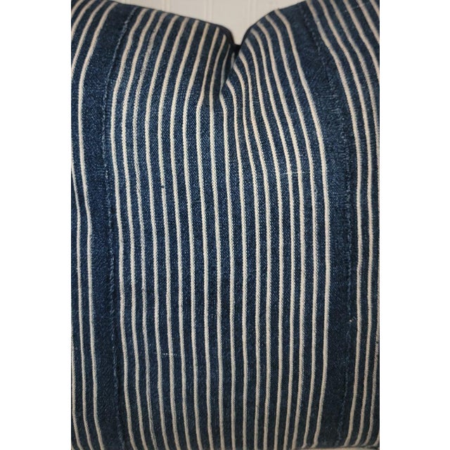 Folk Art Blue and White Striped Linen Pillows For Sale - Image 3 of 5
