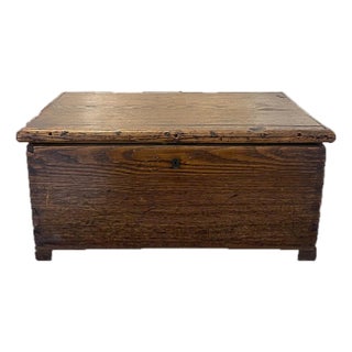 Antique Primitive Wooden Chest With Original Iron Hardware & Aged Patina For Sale
