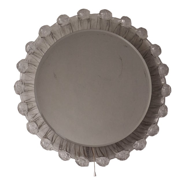 Large Illuminated Circular Beveled Wall Mirror in Melted Ice Acrylic Glass, 1970s For Sale
