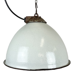 Industrial White Grey Enamel Factory Hanging Lamp with Cast Iron Top, 1960s