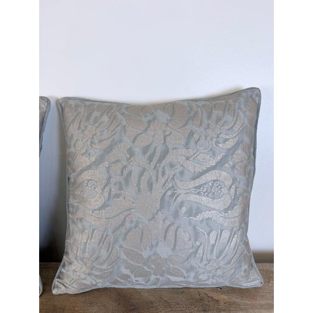 Early 21st Century Fortuny Cotton Damask Throw Pillows, Venetian Floral Motif, Aqua & Silver Pair For Sale - Image 5 of 10