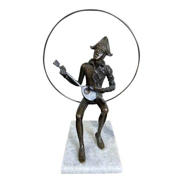 Signed Gustavo Gutierrez Bronze Harlequin Musician Sculpture on Marble Base, Edition 7/10 For Sale