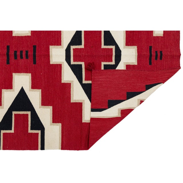 Native American 6x9 Handmade Modern Navajo Style Wool Rug - Vibrant Red Geometric Design For Sale - Image 3 of 10