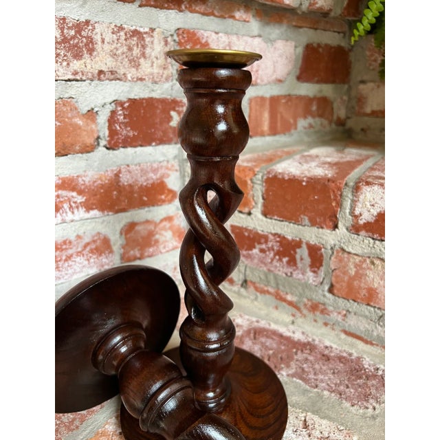 Wood Pair Set Antique English Oak Open Barley Twist Candlesticks Candle Holder Brass For Sale - Image 7 of 12