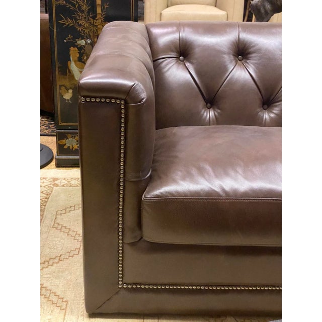 English Contemporary Olivia & Quinn Modern Button and Tufted “Spellbound Leather” Sofa For Sale - Image 3 of 12