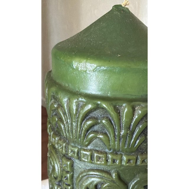 1970s Vintage 60s-70s Carved Dk Olive Green Pillar Candle For Sale - Image 5 of 9