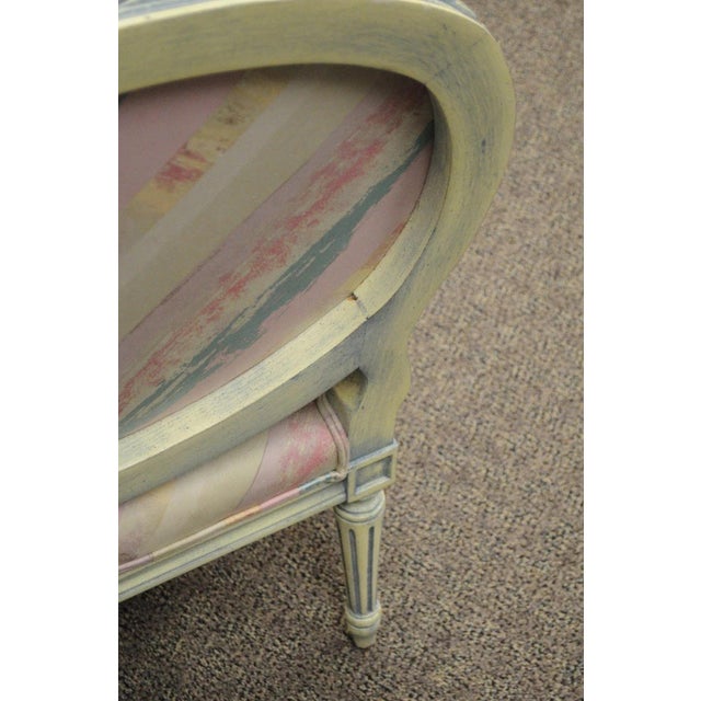 Wood Vintage French Louis XVI Pink Blue Carved Bergere Boudoir Lounge Arm Chair For Sale - Image 7 of 12