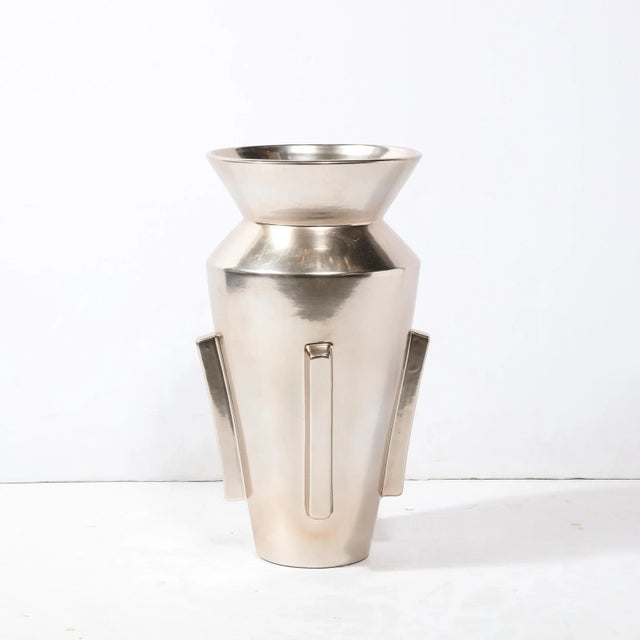 Modern Late 20th Century Modernist Urn Form Ceramic Vase With Rectilinear Detailing & Platinum Glaze For Sale - Image 3 of 9