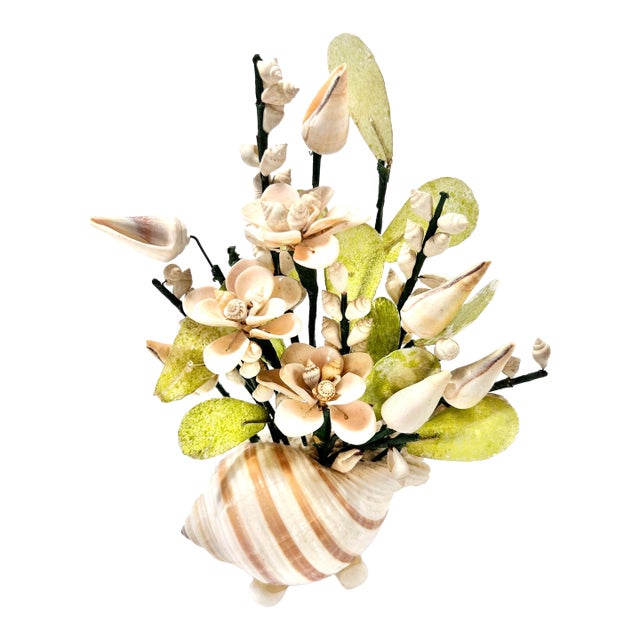 Vintage Shell Sculpture Flower Arrangement in Conch Shell Vase – Mid-Century Coastal Seashell Sculpture For Sale
