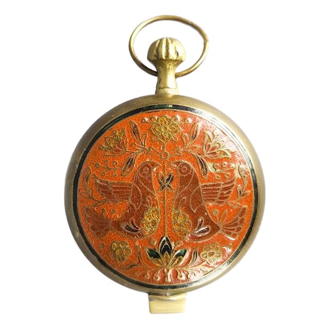 Vintage Brass Enameled Trinket Box With Folk Art Style Birds and Flowers For Sale