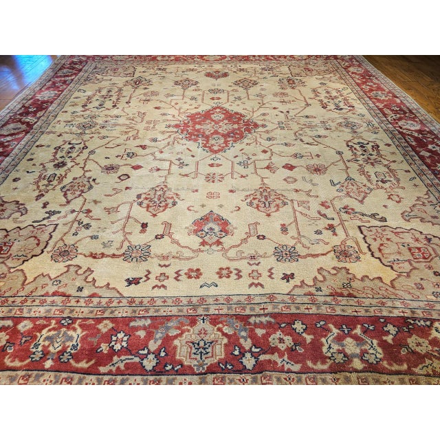 Art Deco Antique Turkish Oushak Rug, Hand-Knotted Wool, Allover Geometric Pattern, Tan & Red, 14' X 15' For Sale - Image 3 of 18