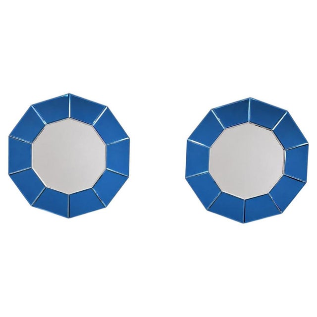 Italian Blue Mirrored Glass Decagonal Mirrors, 2000s, Set of 2 For Sale - Image 11 of 11