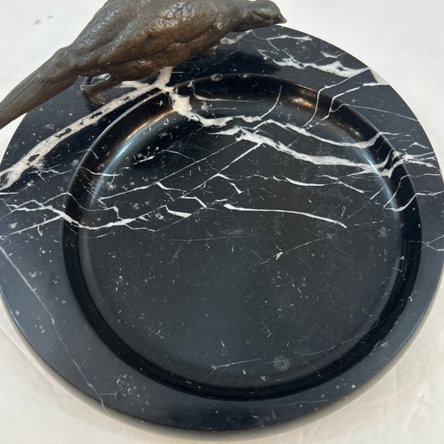 1940s Black and White Marble With Bronze Peacock Catchall For Sale - Image 5 of 8