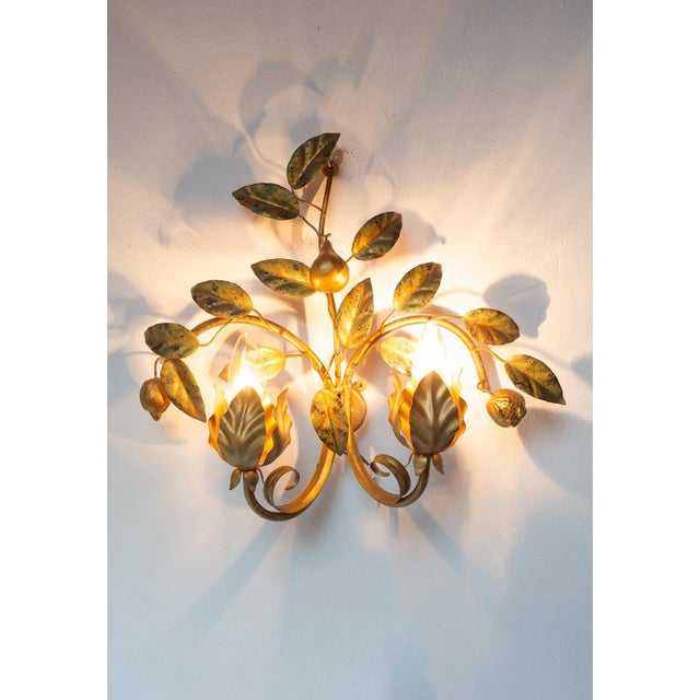 Large Italian Gilt Metal Wall Sconce with Leaves and Fruit, 1980s For Sale - Image 4 of 6