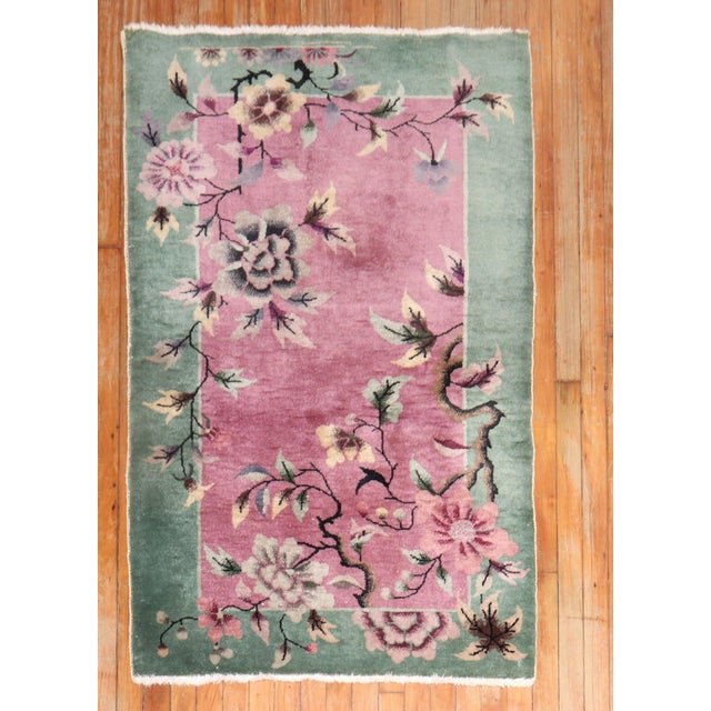 Chinese Nichols art deco scatter size rug in pretty pinks and greens Measures: 3' x 4'9".