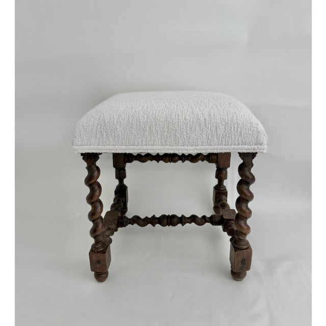19th C French Louis XIII Style Walnut Stool W/ New Boucle Textile For Sale - Image 10 of 15