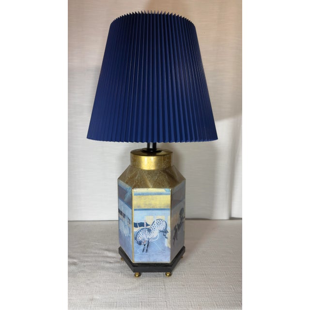Introducing the stunning "Vintage Late 20th Century Reverse Painted Hexagonal Tang Horse Table Lamp with Bespoke Navy Blue...