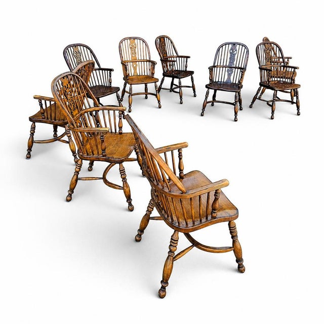 Vintage Oak Wheelback Windsor Armchairs, 1980s, Set of 9 For Sale - Image 4 of 18