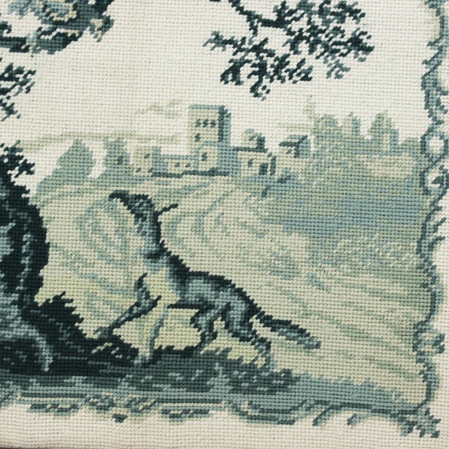 Vintage Framed Needlework Blue Monochrome Woodland Landscape With Hound and Estate Motif For Sale In New York - Image 6 of 8