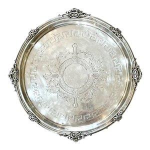 Antique English Victorian Greek Key Pattern Sheffield Plate Silver Salver Waiter Tray