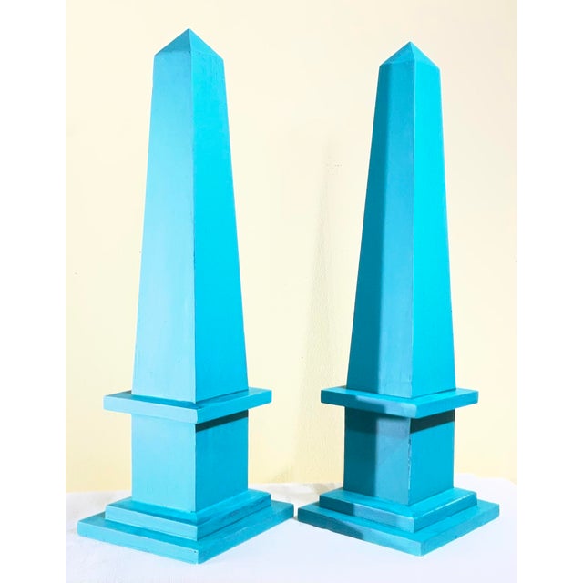 Pair of Hand-Painted Solid Wood Decorative Obelisks – Vibrant Turquoise Color For Sale In Miami - Image 6 of 15